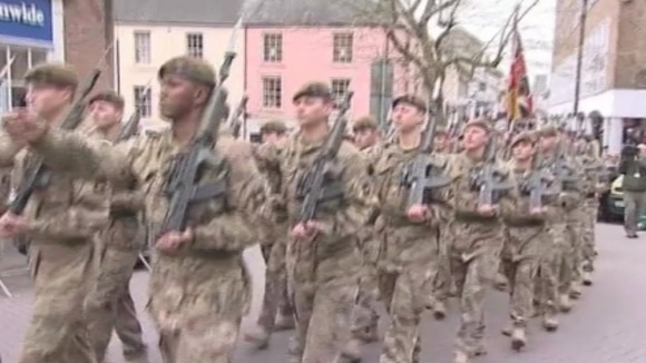 Troops marching through Carmarthen