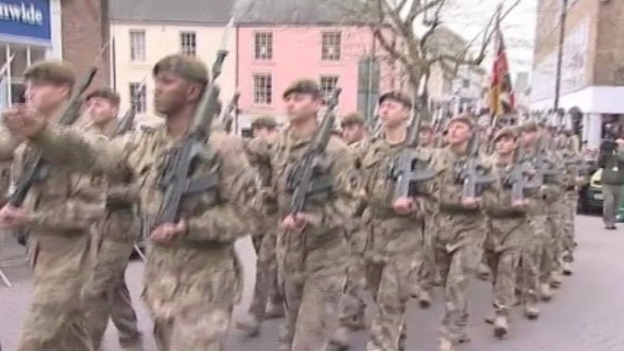 Troops marching through Carmarthen