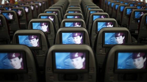 Seats and screens in the economy class cabin of the Qatar Airways Boeing 787 Dreamliner
