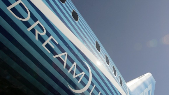 Boeing 787 Dreamliner aircraft sits outside the Boeing assembly plant