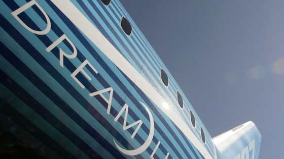 Boeing 787 Dreamliner aircraft sits outside the Boeing assembly plant