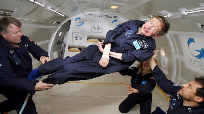 Hawking experiences a zero-weight moment during a flight on a Zero Gravity jet, above Orlando, FL, USA on April 26, 2007.