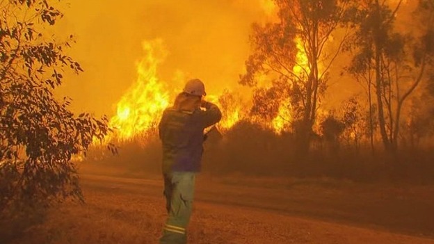 A firefighter assesses a wildfire in Gippsland, Victoria.