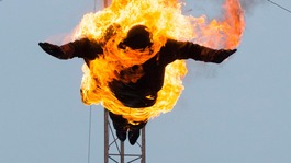 The BGT act involved a diving sequence, ended in a stunt whereby one of the team climbed a tower, set himself on fire and leapt into a tank.