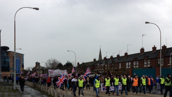 Approximately 600 protesters marching from East Belfast towards the centre of town.