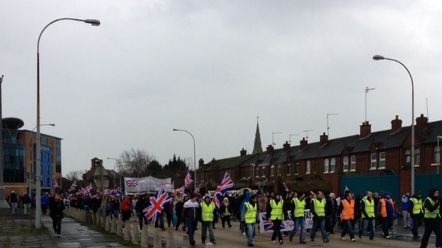 Approximately 600 protesters marching from East Belfast towards the centre of town.