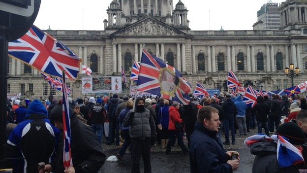 A crowd of protesters outside Belfast City Hall