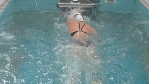 A flume pool, similar to a water-treadmill, keeps athletes fit if they can't train on the ground