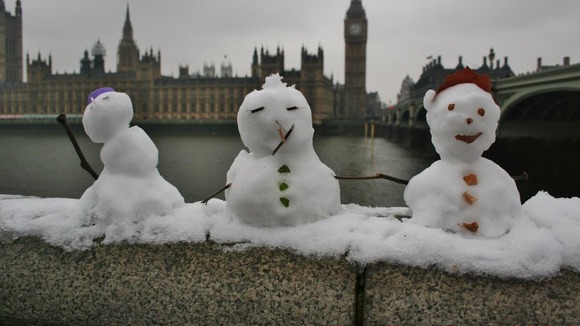 The miniature snowmen in front of the Houses of Parliament