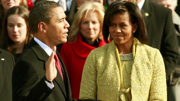Barack Obama swearing on the Licoln Bible during his 2009 inauguration ceremony in Washington