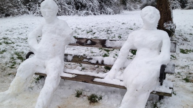 Snow couple on Clifton Downs, Bristol