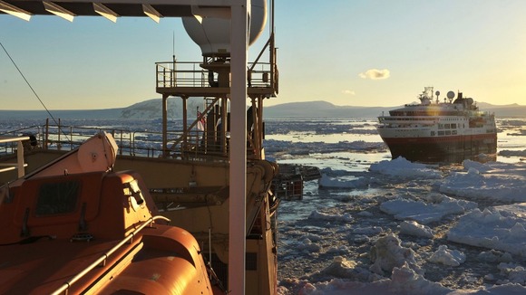 Norwegian cruise liner MV Fram, seen from HMS Protector.