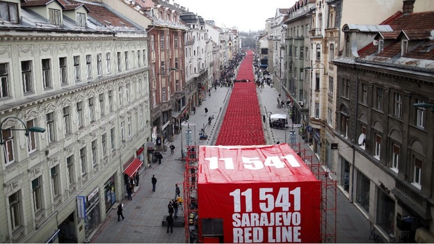 11,541 red chairs are pictured along Titova street in Sarajevo