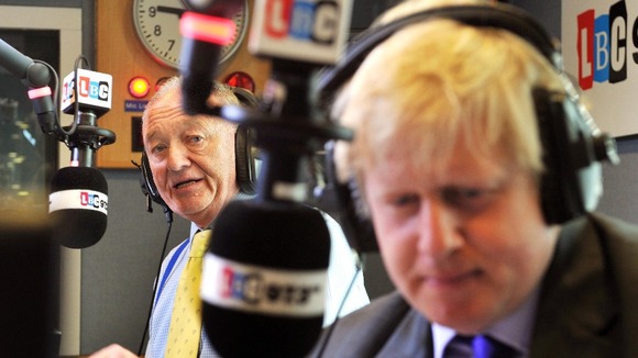 The incumbent and current Mayor of London Boris Johnson (foreground) in discussion with rival candidate Ken Livingstone