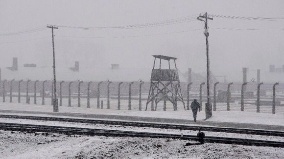 A general view of the womens huts at the Birkenau camp