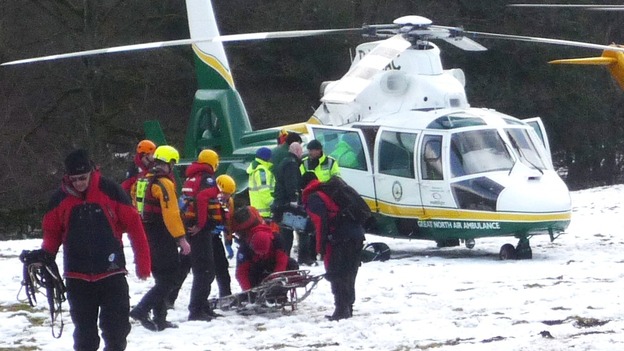 Swaledale MRT of emergency workers at the scene at the River Swale at Reeth, in the Yorkshire Dales.