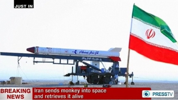 Press TV photo of the Pishgam rocket, 'Pioneer' in Farsi, preparing for launch
