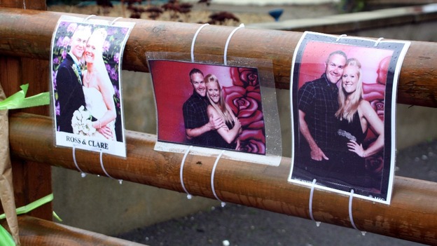 Pictures left at the scene in Hanham, near Bristol, in tribute to Ross and Clare Simons, who were killed yesterday