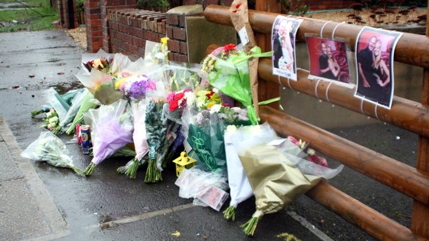 Flowers left at the scene in Hanham, near Bristol, in tribute to Ross and Clare Simons, who were killed yesterday