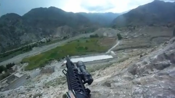 The video is shot from the soldier's helmet.