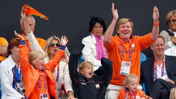 Prince Willem-Alexander and his family celebrate during the women's hockey at the London 2012 Olympics