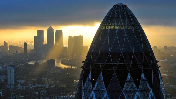 The financial district of Canary Wharf, seen from the 'Gherkin' in the heart of the city of London