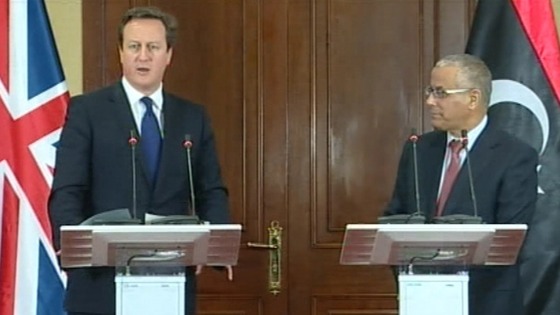 David Cameron at the press conference in Libya