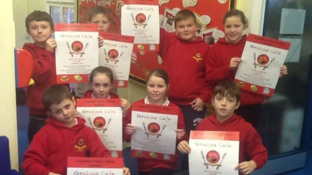Children with advertising posters