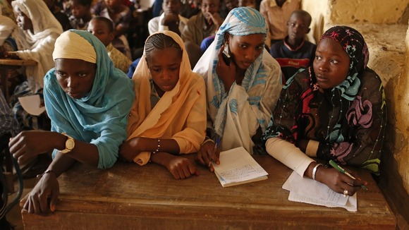 Girls listen to their teacher as schools reopen in Timbuktu
