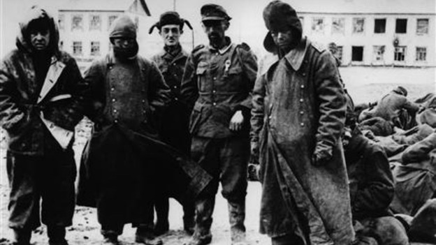 Captured Nazi servicemen stand in front of a damaged building in the city of Stalingrad (now Volgograd) in December 1943.