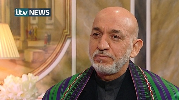 Hamid Karzai speaking to ITV News in a joint interview with The Guardian