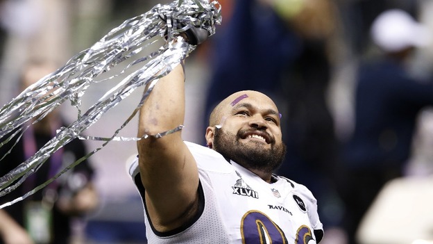 Baltimore Ravens' Ma'ake Kemoeatu celebrates victory over the San Francisco 49ers.