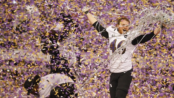 Baltimore Ravens long snapper Morgan Cox celebrates celebrates victory over the San Francisco 49ers.