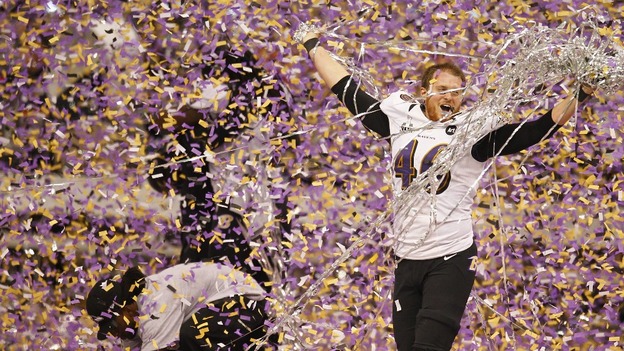 Baltimore Ravens long snapper Morgan Cox celebrates celebrates victory over the San Francisco 49ers.
