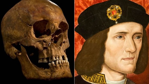 The skeleton found in a Leicester car park that scientists say belongs to King Richard III, right.