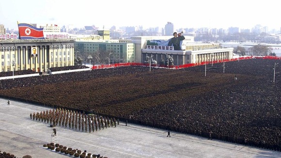 An overhead view of North Koreans attending the memorial for the late leader Kim Jong-il