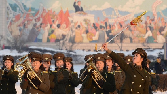 North Korean military band celebrates their country's rocket launch in December 2012.