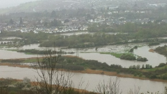 Usk valley in flood this morning