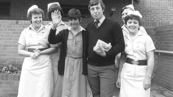 Brenda Barber, leaves Papworth Hospital with her husband following her heart and lung transplant operation in 1984