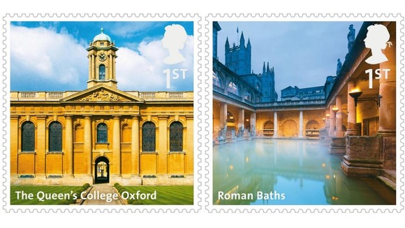 Queen's College Oxford and the Roman Baths are featured on the new collection of stamps