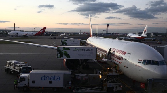 An Air India flight arriving at Gatwick Ariport