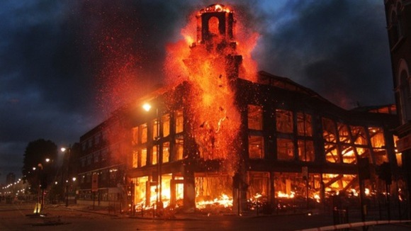 A building on fire in London during riots in August 2011.