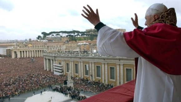 Pope Benedict waves from a balcony of St Peter's Basilica in the Vatican in 2005 after being elected by the conclave of cardinals