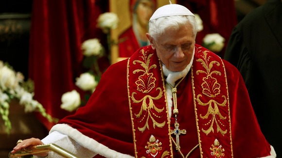 The Pope leaves at the end of today's St. Peter's Basilica mass in the Vatican following his resignation.