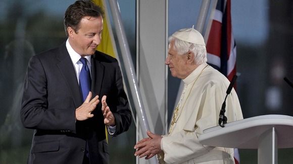 Prime Minister David Cameron and Pope Benedict XVI chat after speeches at a departure ceremony at Birmingham International Airport in 2010.