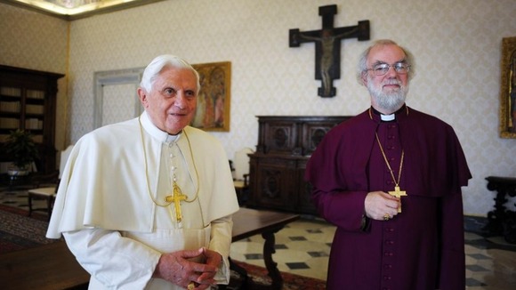 Pope Benedict XVI with the then Archbishop of Canterbury, Rowan Williams at a private meeting in 2009.