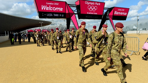 British Army personnel patrol the Olympic Park in Stratford during the London 2012 Games.