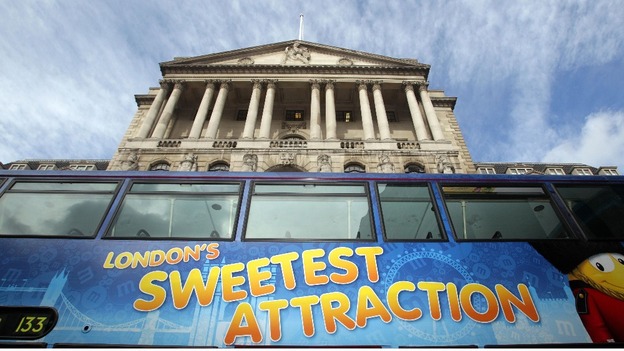 A bus is seen outside the Bank of England in central London