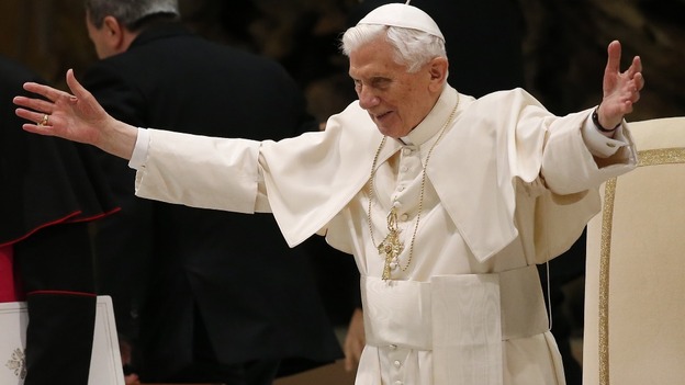 Pope Benedict XVI was greeted loudly as he made his first public appearance since announcing his decision to resign.