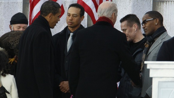Barack Obama talks with Tiger Woods in January 2009